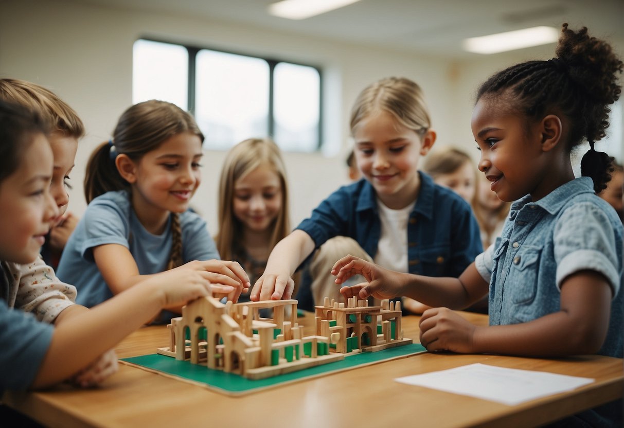 A classroom with students engaged in hands-on activities, with one group following the structured approach of Goddard, and another group exploring independently in the Montessori style