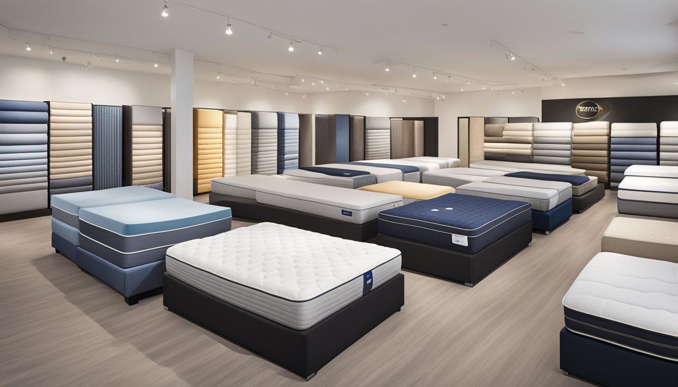 Various mattress brands displayed in a showroom, including Sealy, Simmons, and Tempur. Brightly lit with clean, modern decor