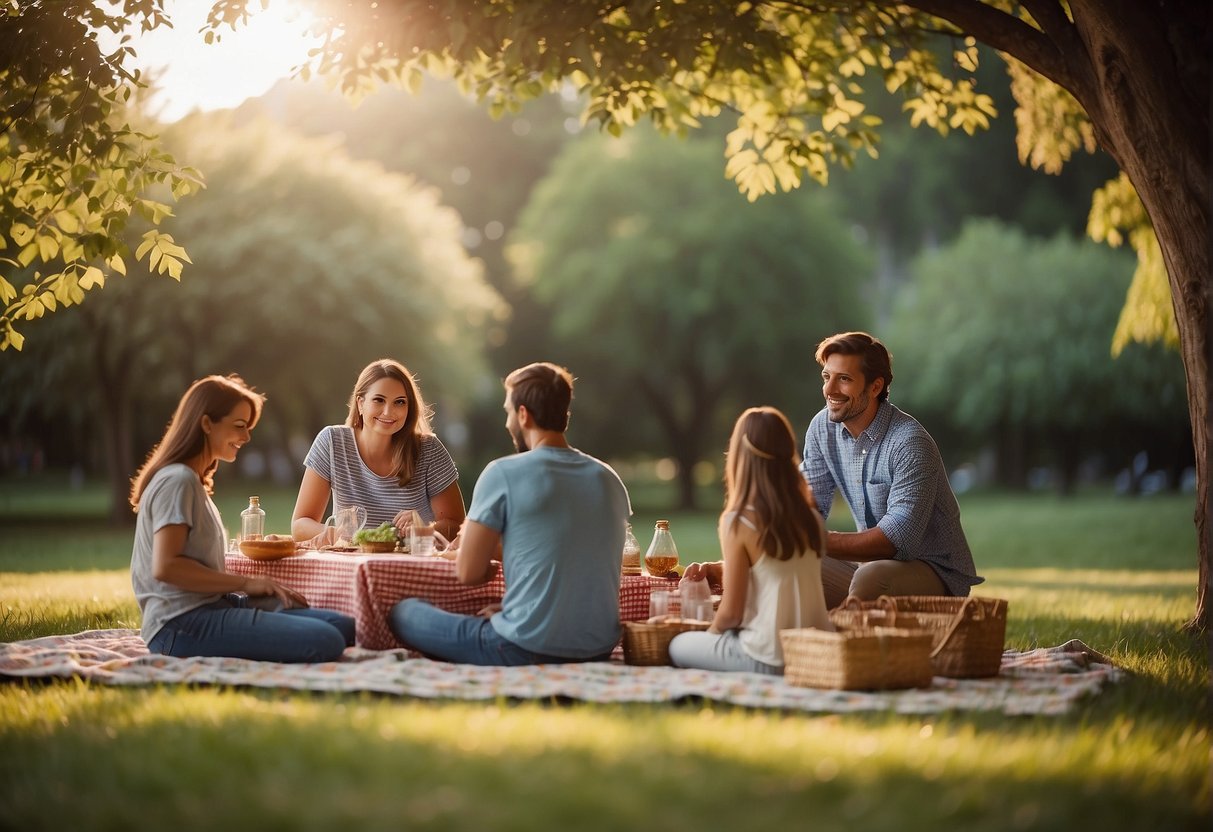 A small family picnicking in a cozy corner of a park, while a large family occupies a spacious area with a bustling atmosphere