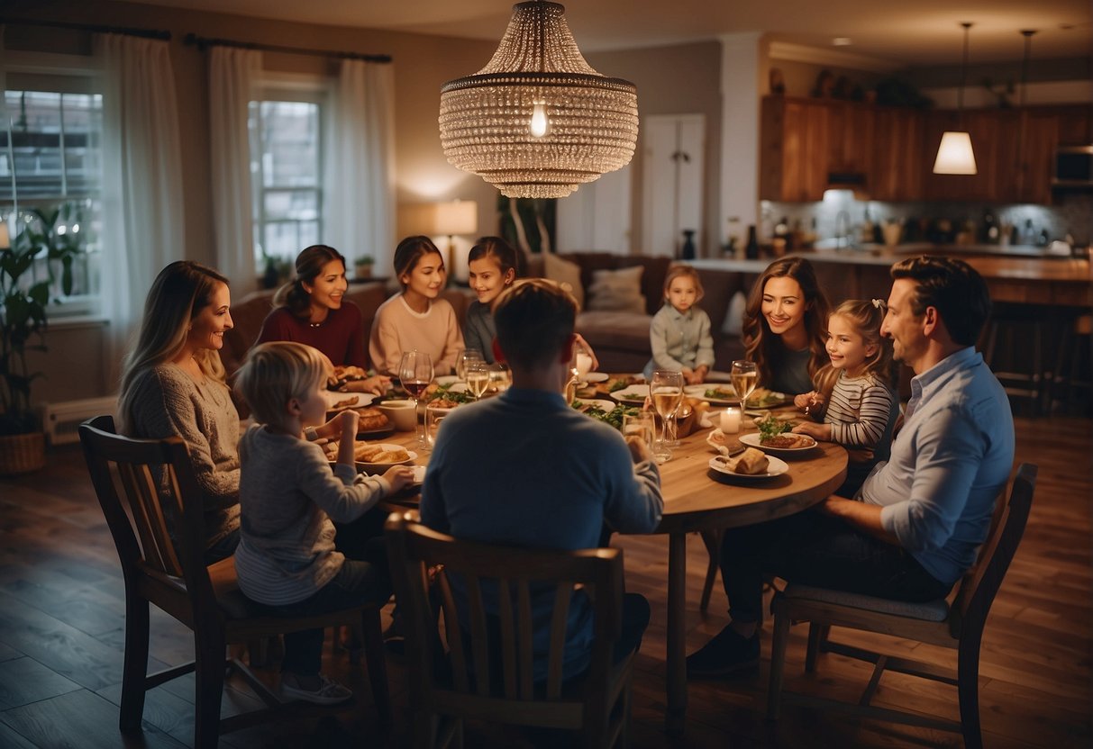 A small family sits at a cozy dinner table, while a large family gathers around a spacious living room