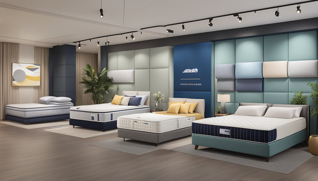 A display of top mattress brands in a Singapore showroom