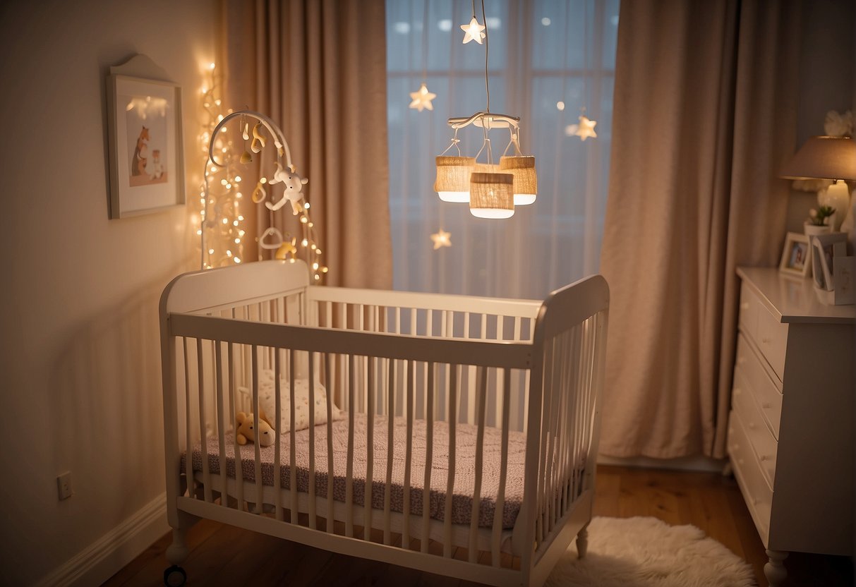 A baby's crib with a mobile above, gently swaying as if touched. The room is softly lit with a warm glow, creating a peaceful and comforting atmosphere