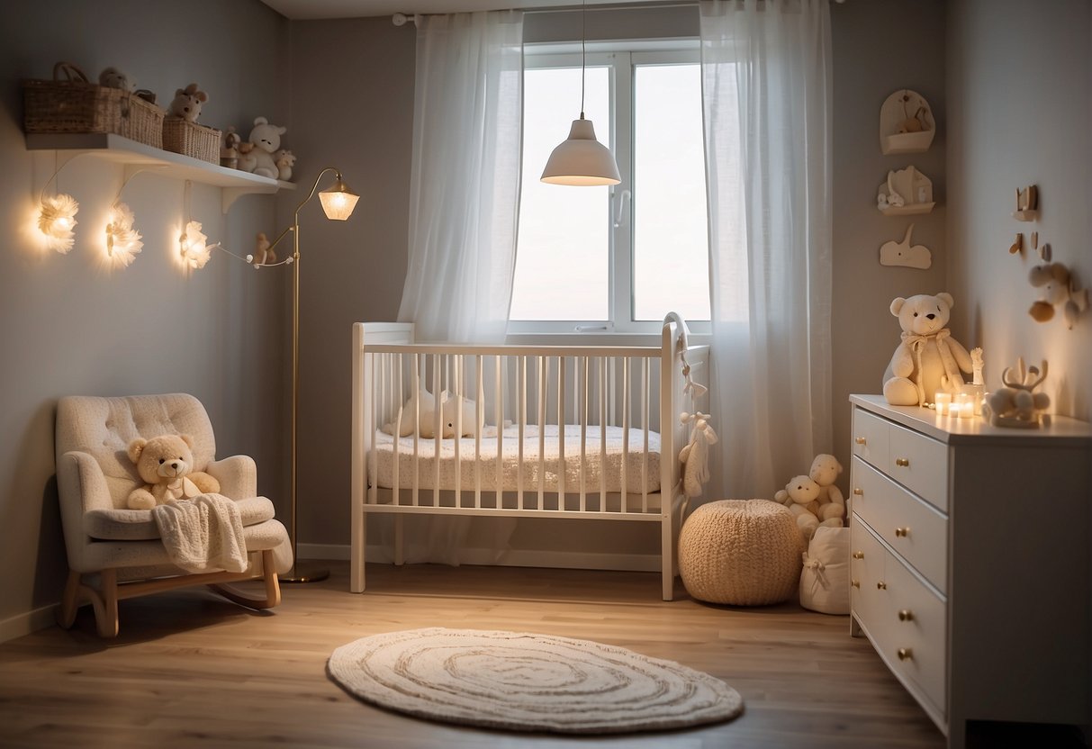 A baby's room with a crib and a mobile hanging above, with soft lighting and a peaceful atmosphere
