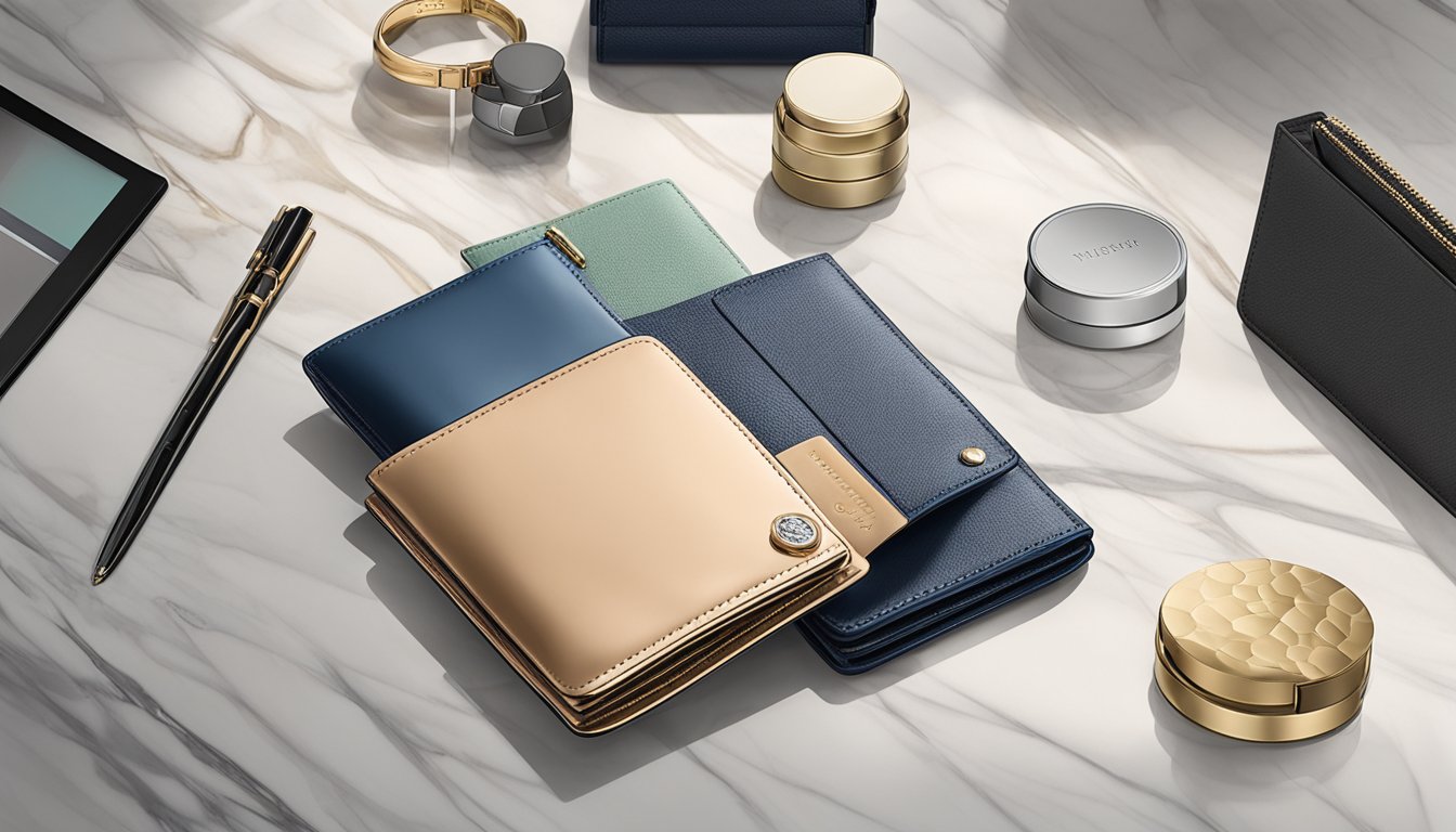 A sleek, branded wallet sits on a marble countertop in a luxurious boutique in Singapore, surrounded by other designer accessories