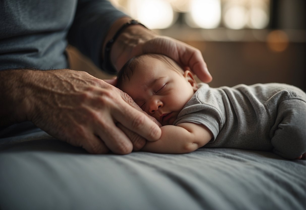 A father's hand gently rests on a round belly, as a baby inside seems to respond to the touch, creating a tender moment of bonding