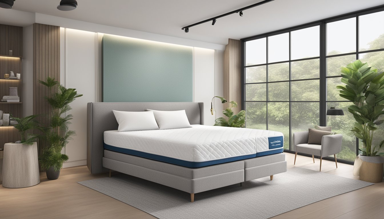A mattress showroom in Singapore displays hypoallergenic materials and health-conscious features, with prominent branding of popular mattress brands