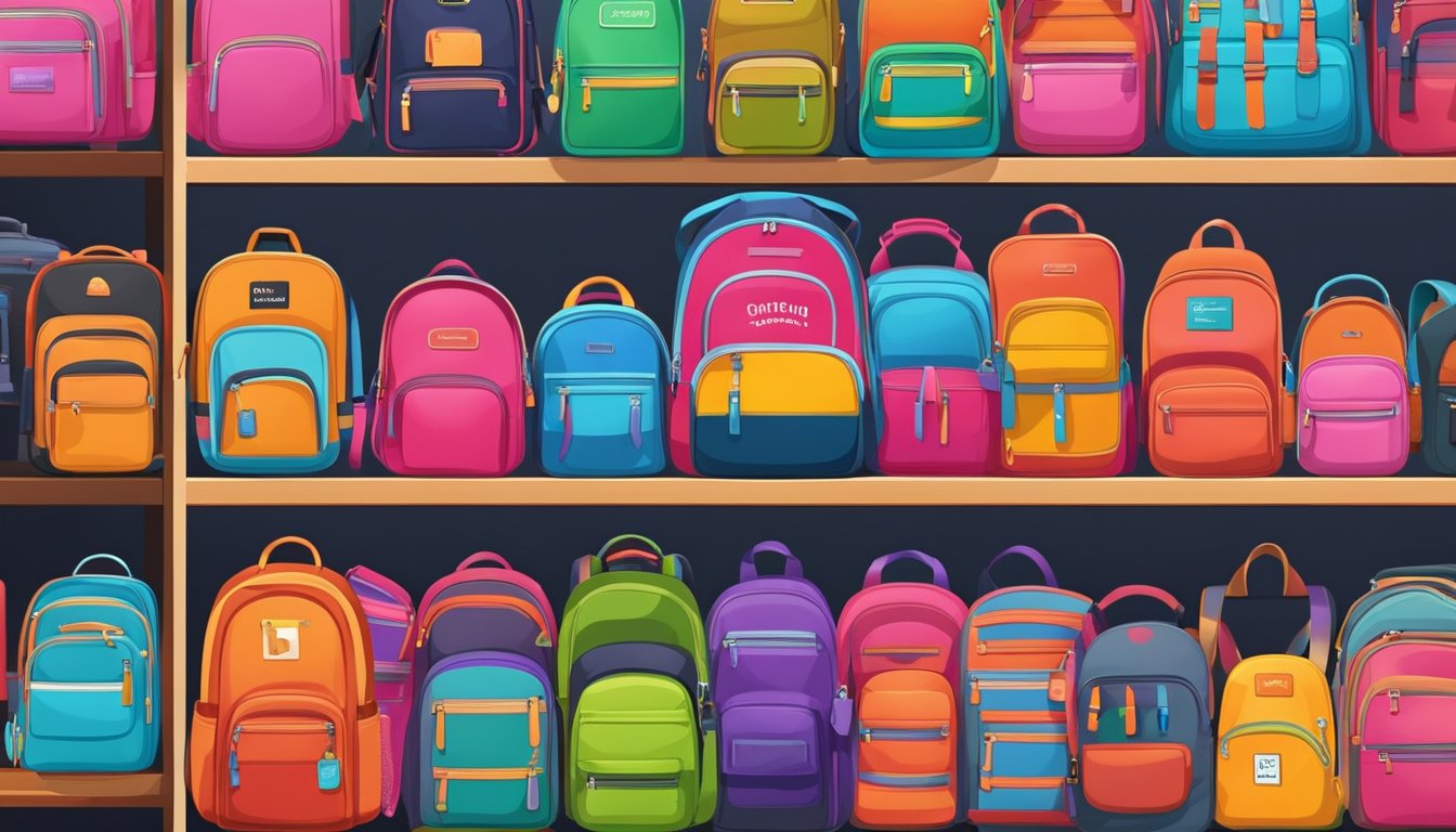 Various school bag brands displayed on shelves in a store. Bright colors and different sizes. Labels and logos are visible
