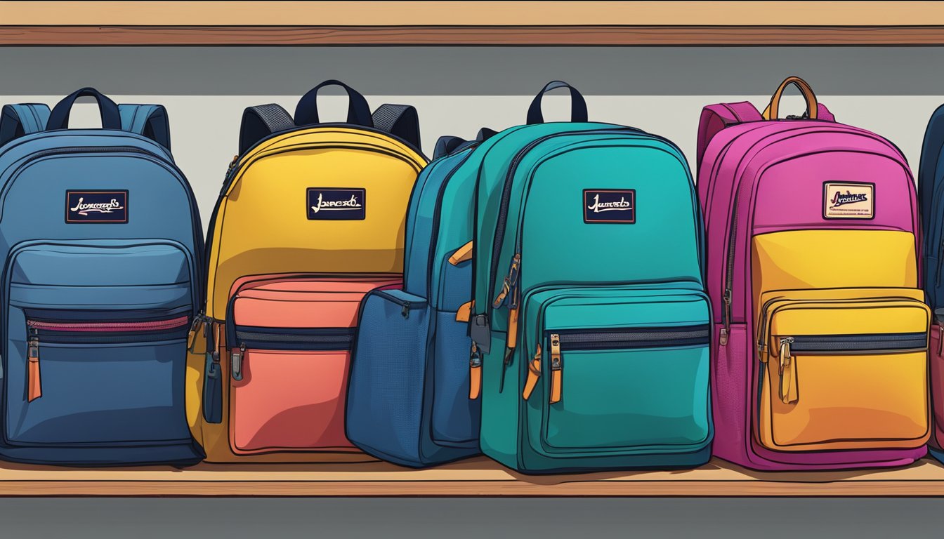 Various top school bag brands displayed on shelves, including Jansport, Herschel, and Eastpak. Bright and colorful designs with durable materials