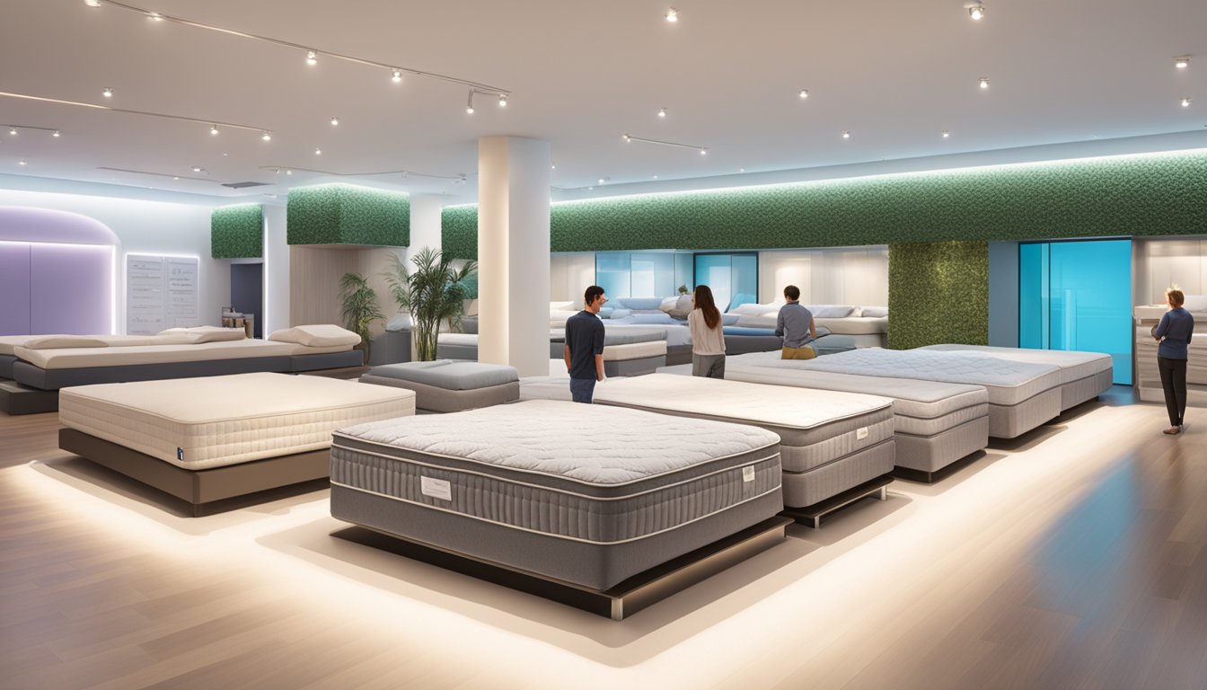 Various mattress brands displayed in a showroom, with customers testing different models. Bright lighting and comfortable ambiance