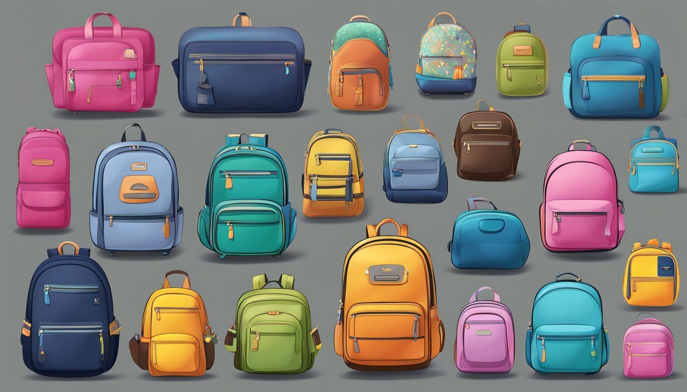 A variety of school bags displayed with different designs and features, showcasing various brands