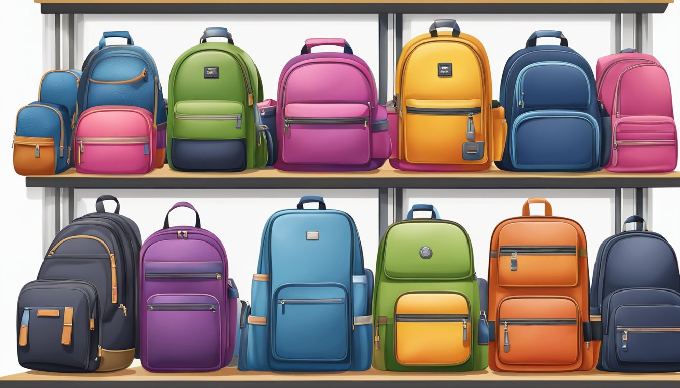 A variety of school bags in different sizes and fits, showcasing various brands and styles, arranged neatly on display shelves