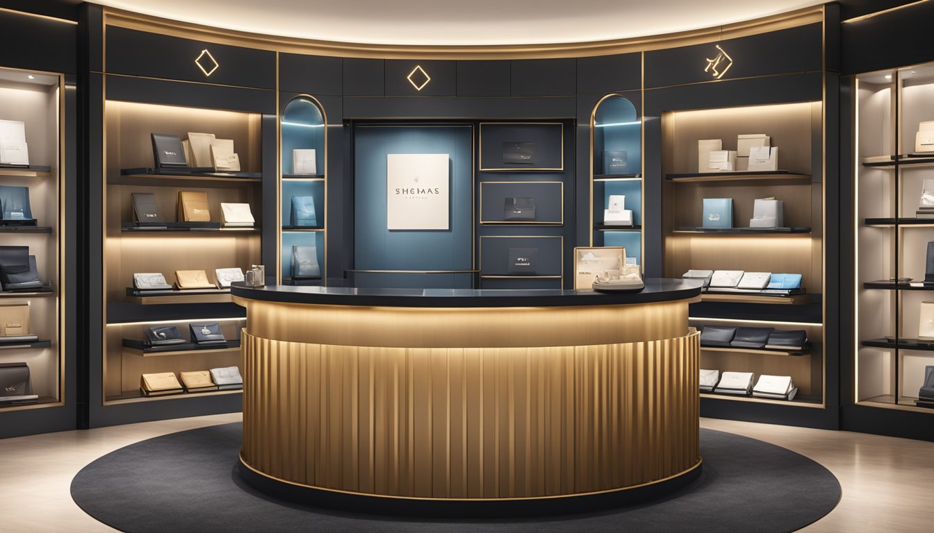 A sleek, branded wallet sits on a luxurious display stand, surrounded by elegant signage and spotlights, in a high-end boutique in Singapore