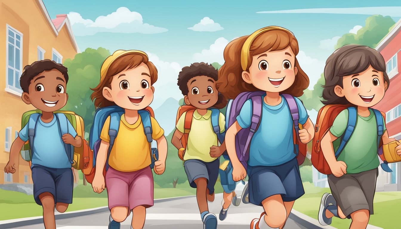 Children happily carry Health and Comfort school bags, featuring ergonomic designs and padded straps, as they head to school