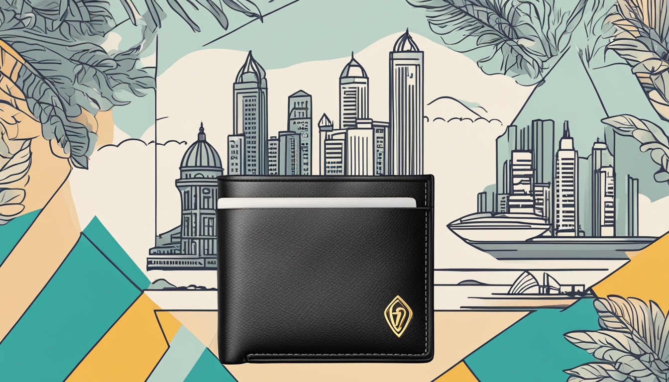 A sleek, black leather wallet with "Frequently Asked Questions" logo on the front, set against a backdrop of iconic Singapore landmarks