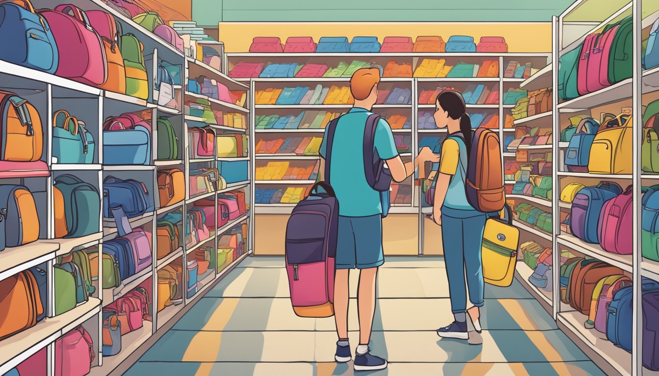 A crowded store shelf displays various school bag brands with colorful designs and sizes. Shoppers browse the selection while a salesperson assists a customer nearby
