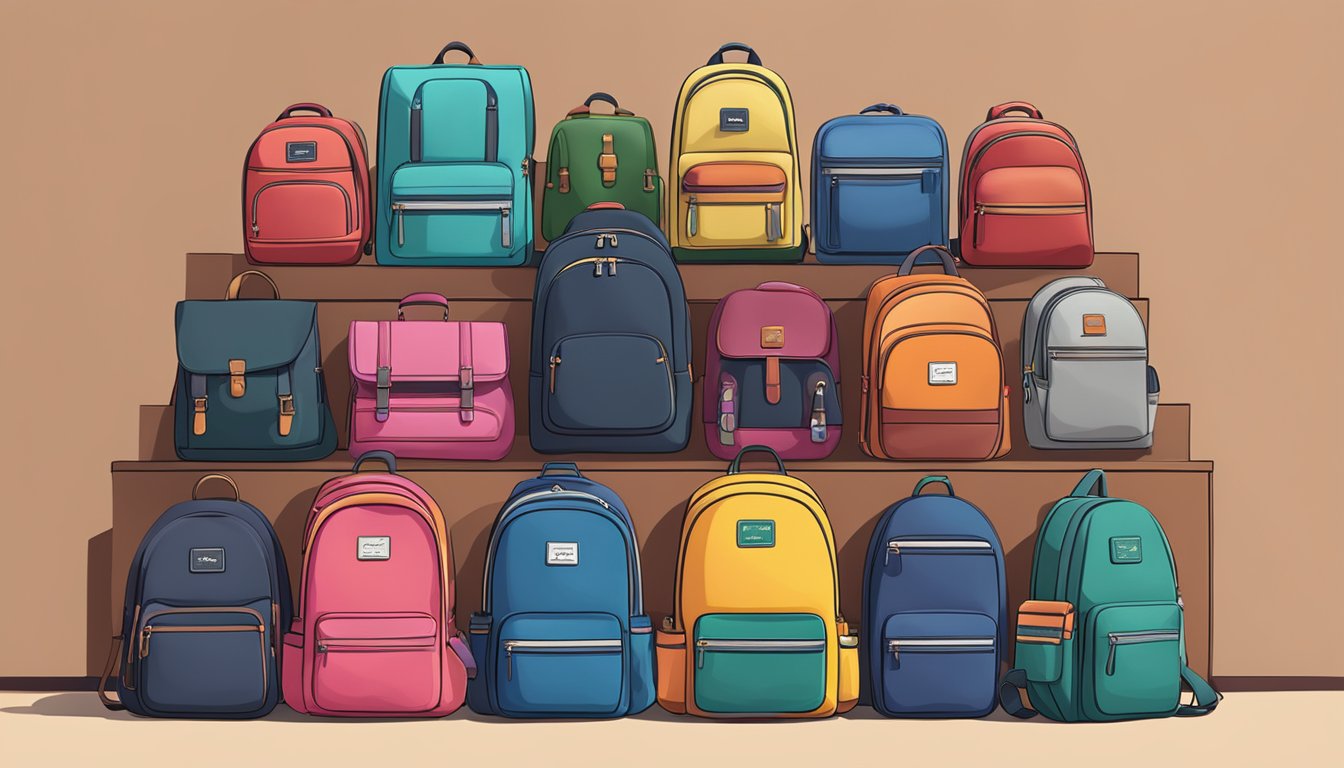 A display of various school bag brands with a sign reading "Frequently Asked Questions" above