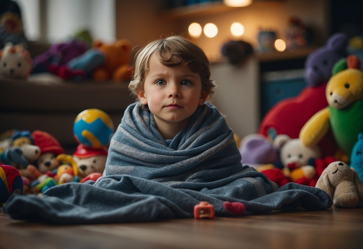 A child's discarded blanket lies crumpled on the floor, surrounded by toys. The child looks away, arms crossed in defiance