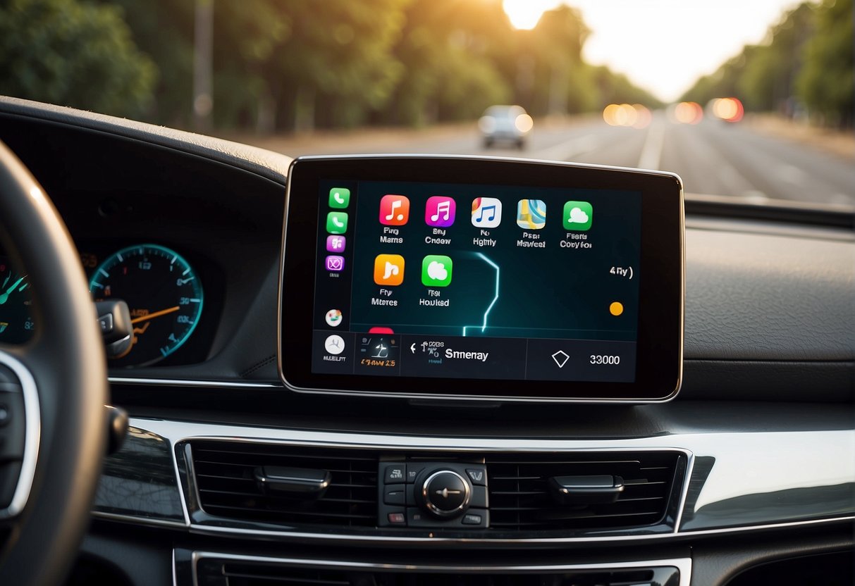 A car dashboard with a large touchscreen displaying the Apple CarPlay interface, with icons for music, navigation, and messaging