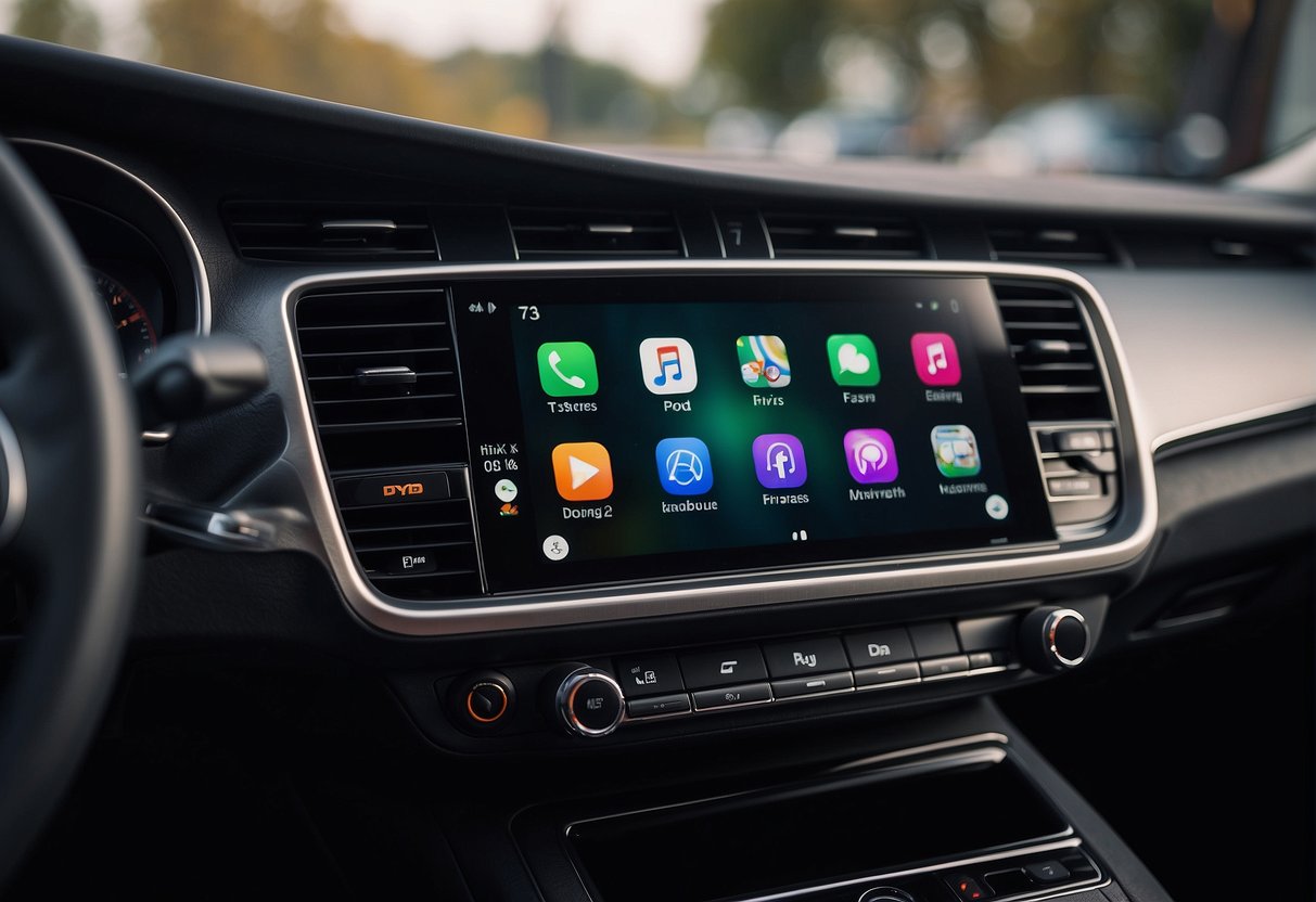 A car dashboard with Apple CarPlay interface displayed, showing key features and functions