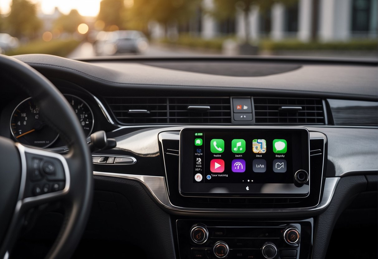 A car dashboard displaying Apple CarPlay interface with connected Apple devices