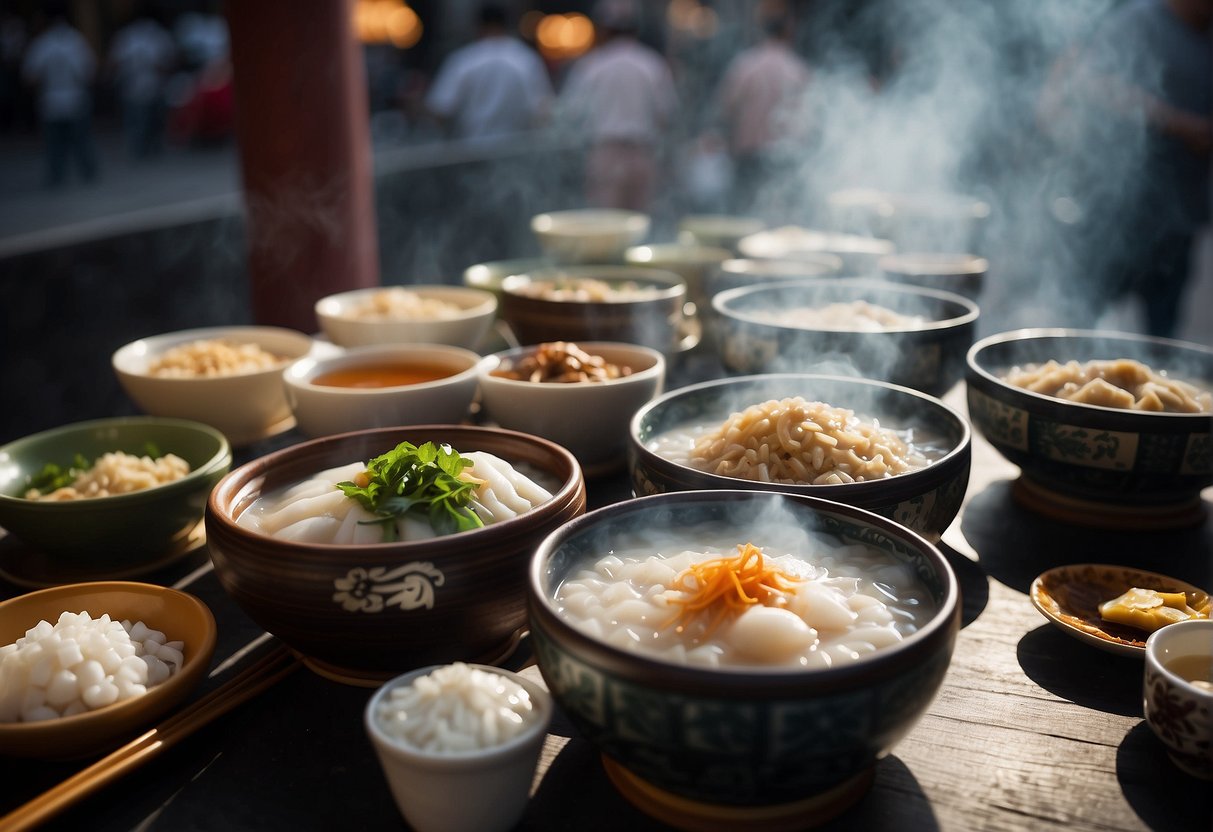 A table set with steaming bowls of congee, plates of savory dim sum, and fragrant cups of tea. A bustling street market in the background
