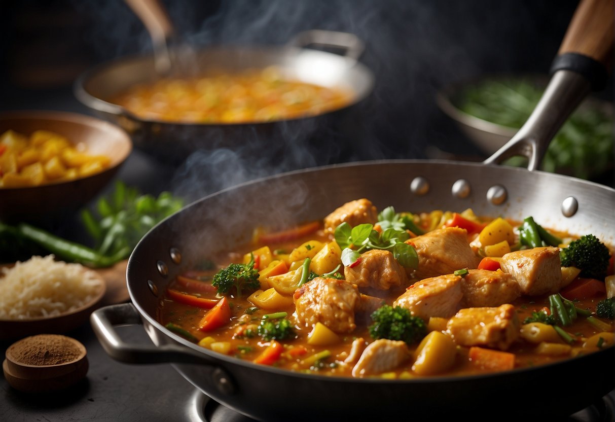 A wok sizzles with fragrant spices, tender chicken, and colorful vegetables simmering in a rich, golden curry sauce. A chef's ladle stirs the bubbling mixture, releasing mouthwatering aromas