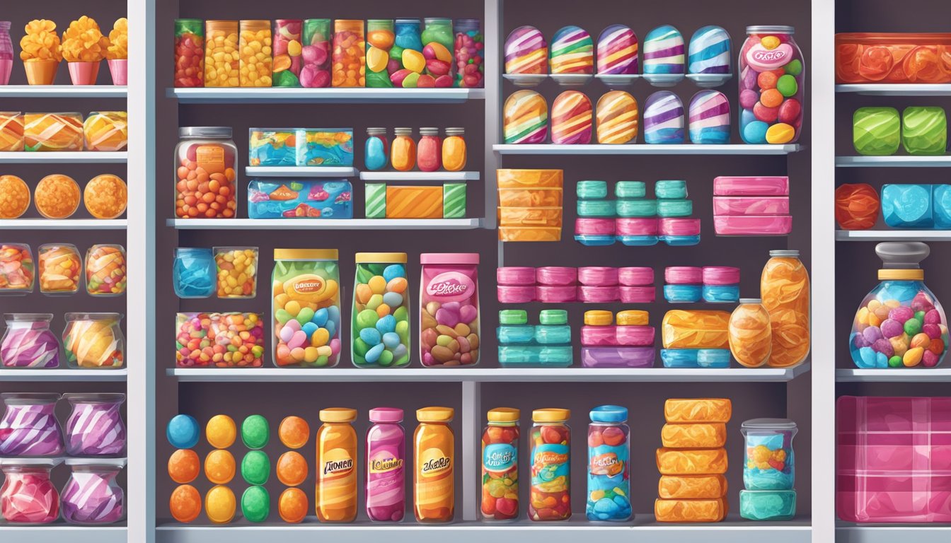 A colorful display of various candy brands arranged on shelves and in jars, with vibrant packaging and tempting treats