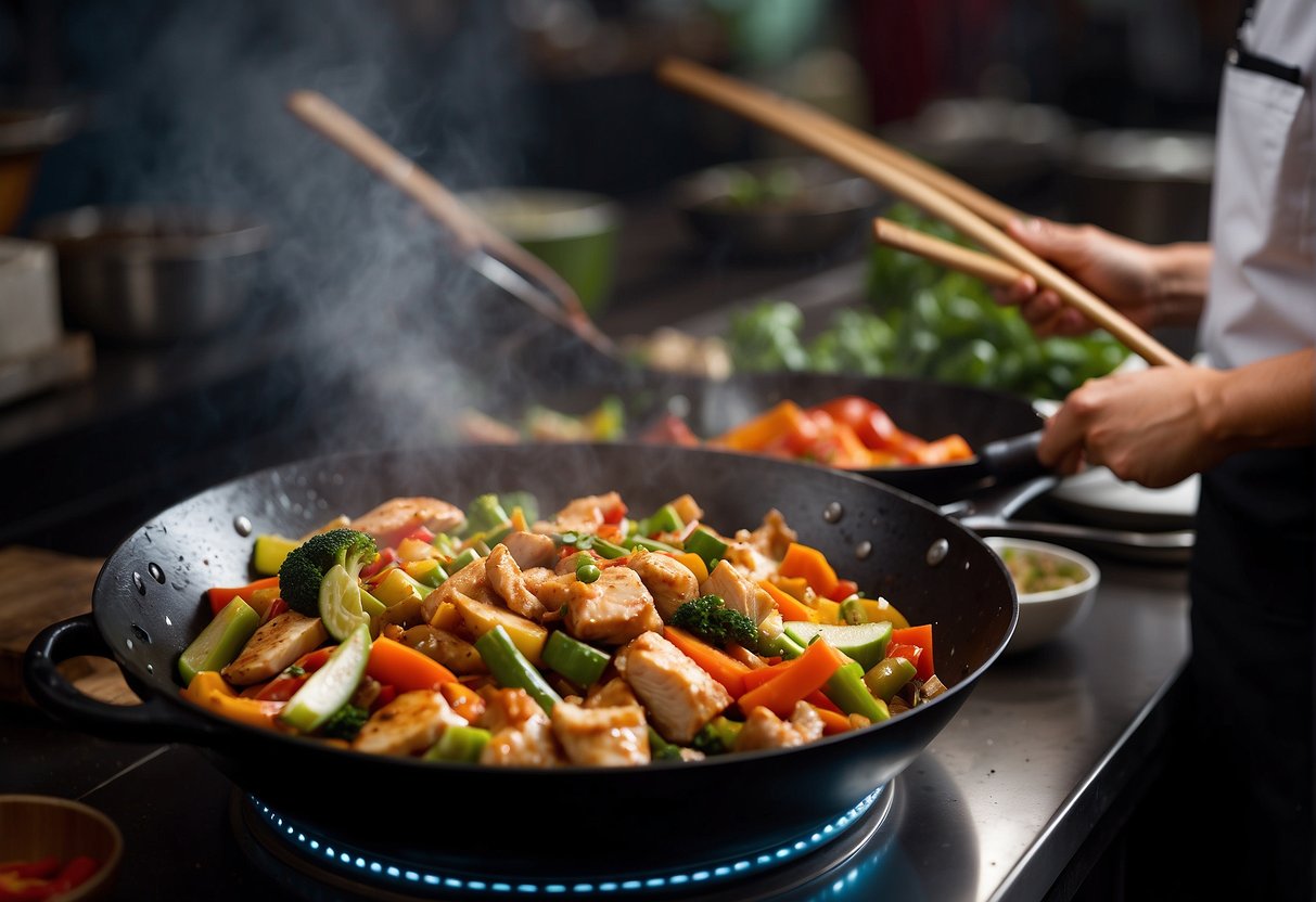 A wok sizzles with diced chicken, colorful vegetables, and aromatic spices, creating a mouthwatering aroma. A chef's hand adds a splash of soy sauce