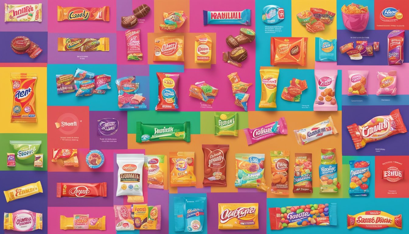 A timeline of candy brands from the past to present, displayed on a colorful backdrop with iconic logos and packaging