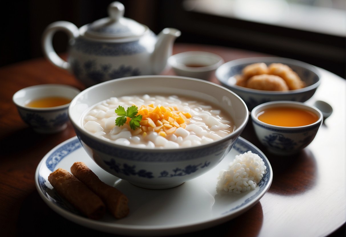 A table set with a steaming bowl of congee, a plate of crispy youtiao, and a pot of fragrant tea