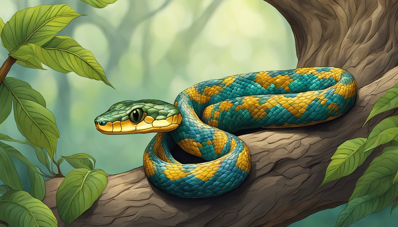 A coiled snake with vibrant scales slithers across a tree branch