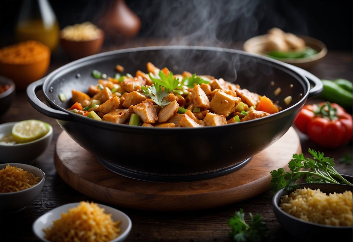 A wok sizzles with diced chicken, ginger, and garlic. Aromatic spices and sauces are added, creating a rich and fragrant curry sauce