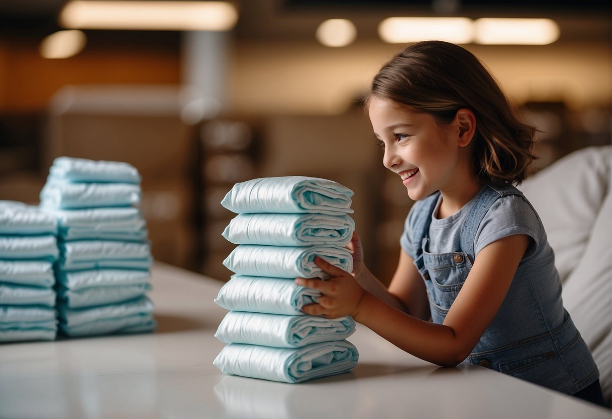 A stack of diapers in various sizes with a customer holding one size and pointing to a different size