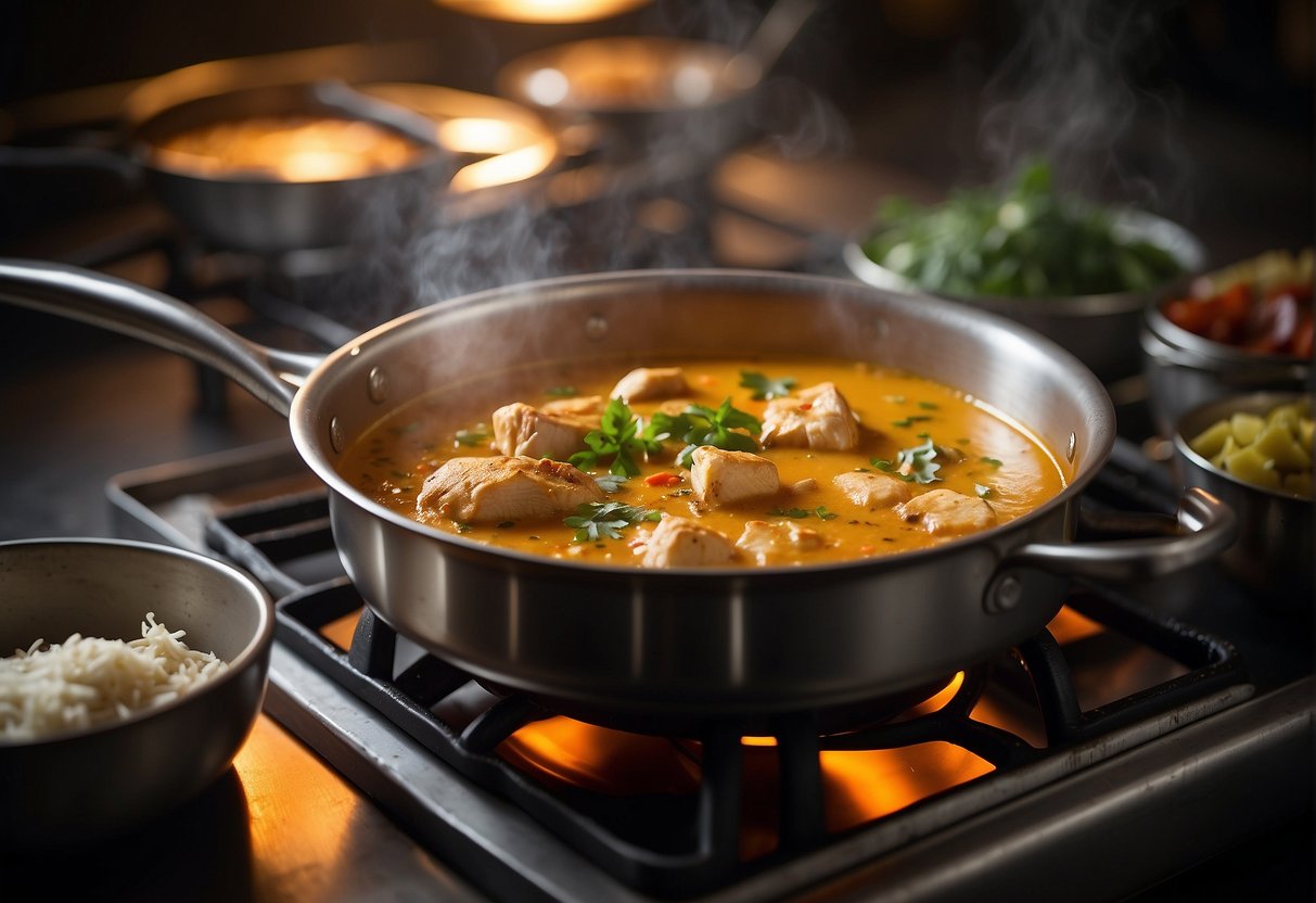 A pot simmers with aromatic spices and rich coconut milk, as a chef stirs in fragrant curry paste and tender chunks of chicken