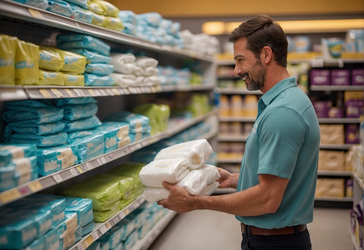 A stack of diapers of different sizes on a store shelf, with a customer holding a package of diapers and talking to a store employee