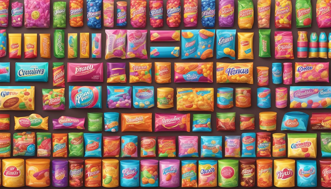 A colorful display of various candy brands arranged in rows on shelves, with vibrant packaging and enticing labels