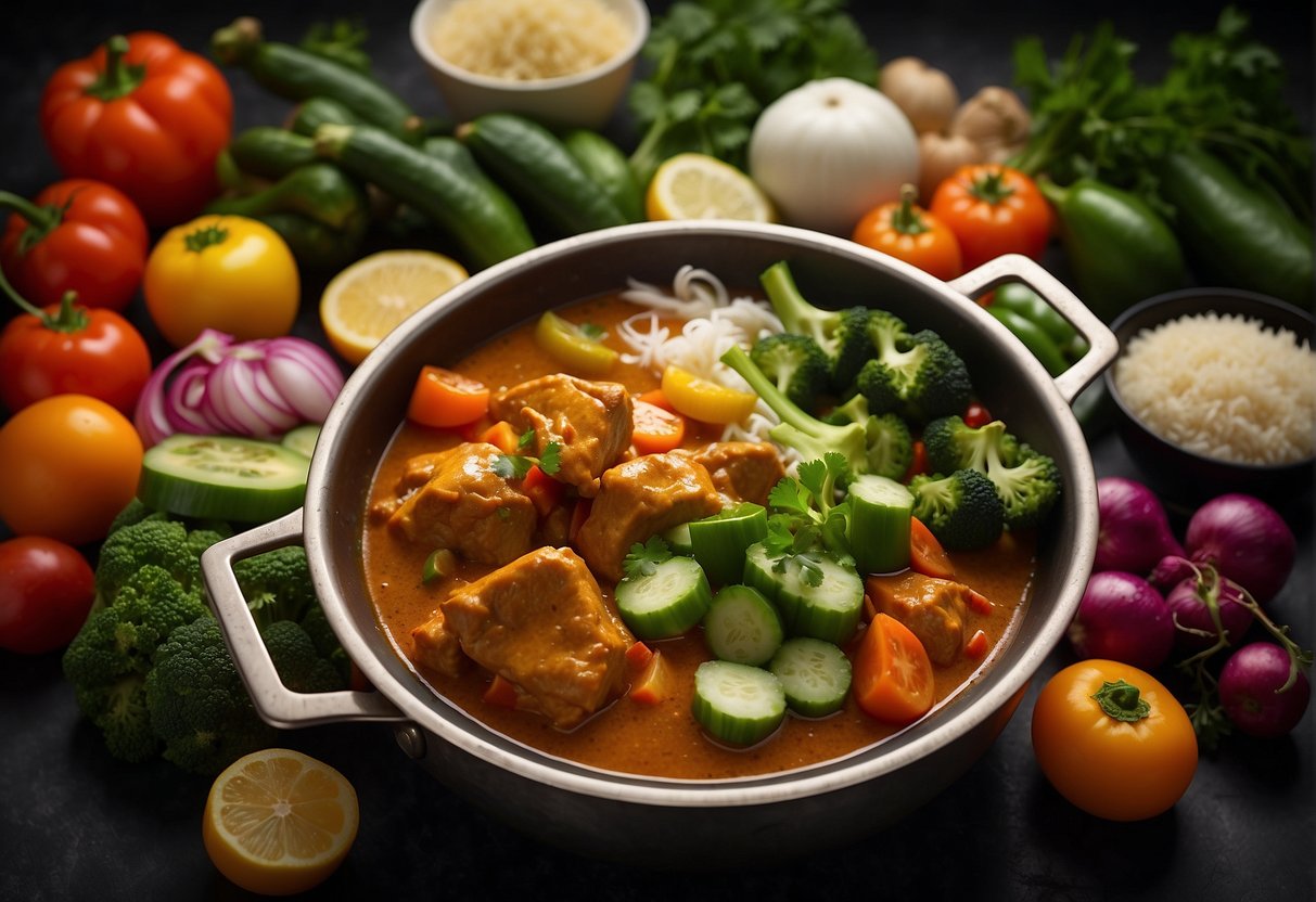 A colorful array of fresh vegetables and aromatic accompaniments surround a steaming pot of Chinese chicken curry