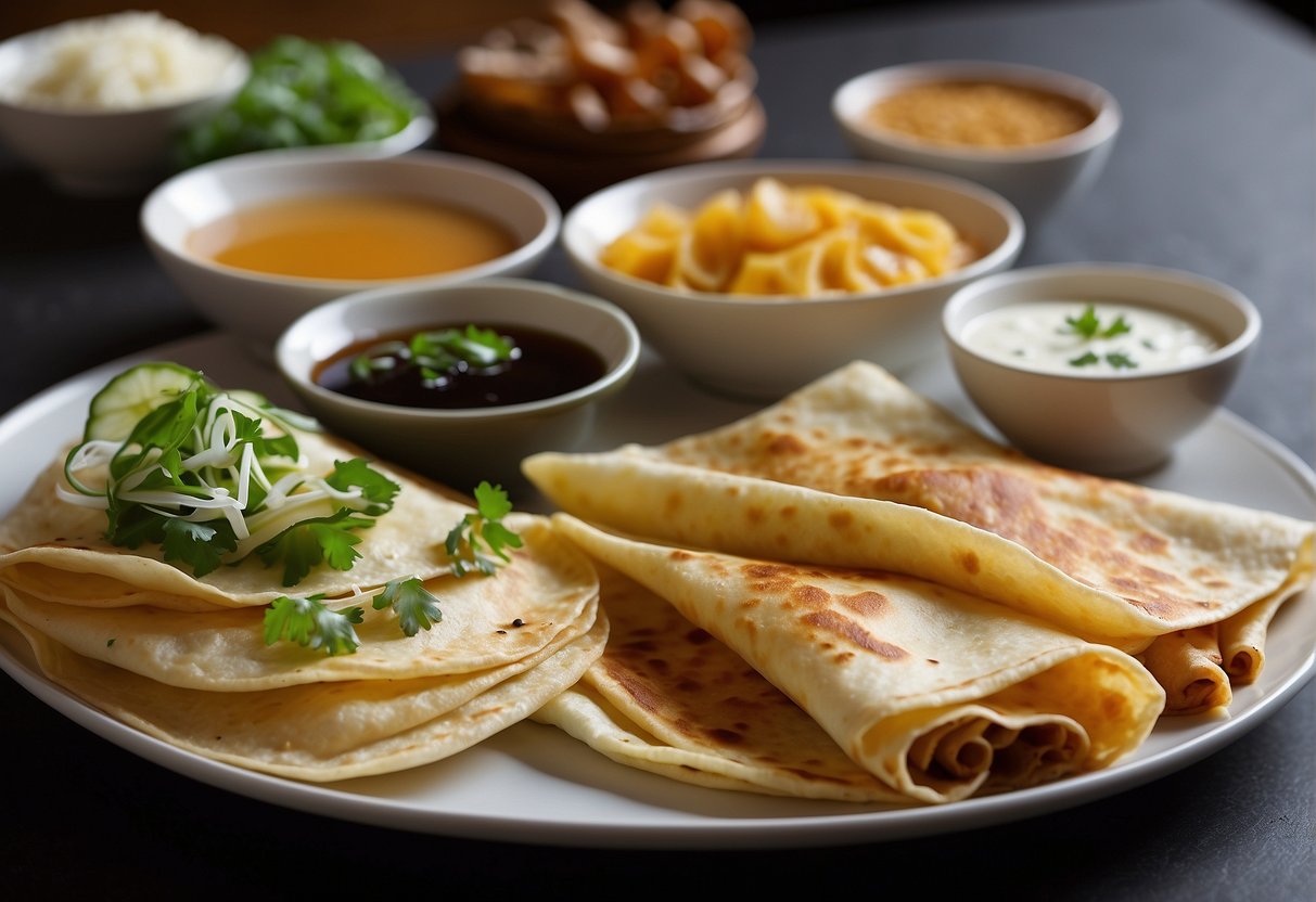 A table set with various savory crepes and pancakes, including scallion pancakes and pork-filled crepes, served alongside traditional Chinese breakfast condiments