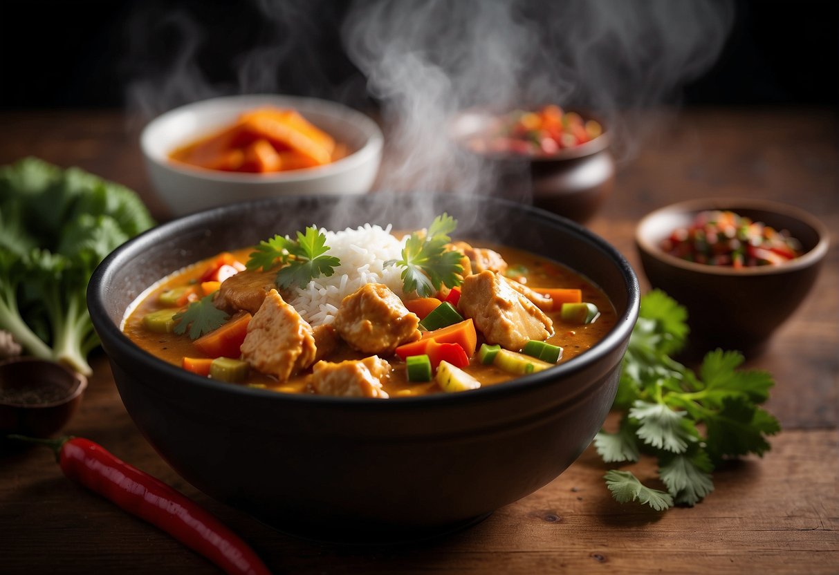 A steaming bowl of Chinese chicken curry sits on a wooden table, surrounded by colorful vegetables and aromatic spices
