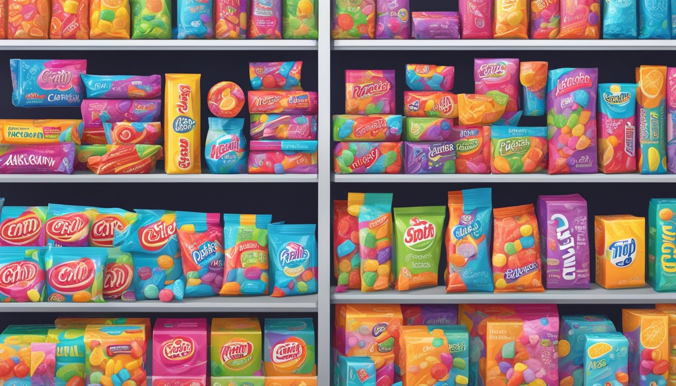 Bright, colorful candy packaging arranged on shelves with "Health" and "Candy" brands prominently displayed
