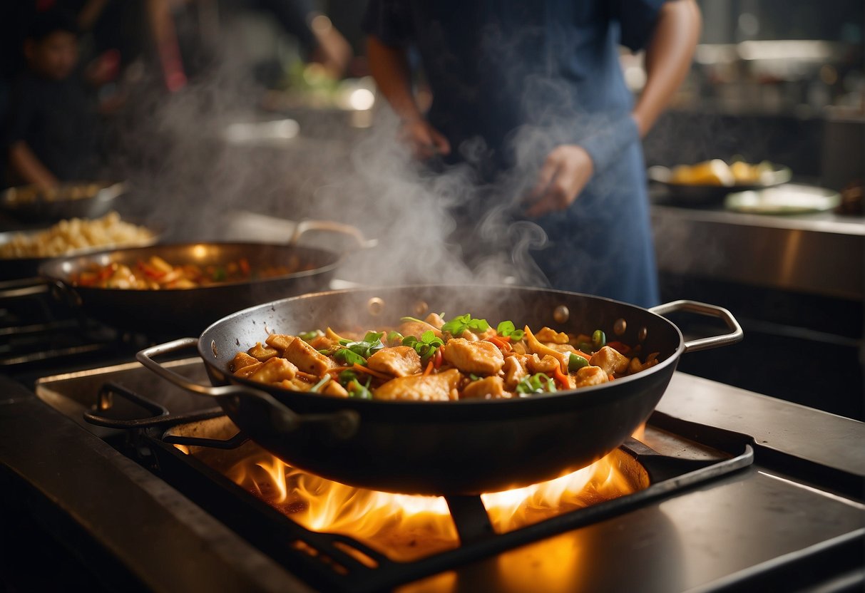 A steaming wok sizzles with fragrant spices and tender chunks of chicken, as a chef expertly stirs in a rich, golden curry sauce