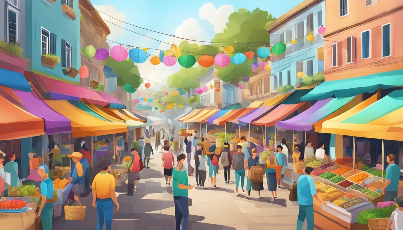 A bustling street market with colorful signs and busy shoppers browsing through various stalls and vendors selling a wide range of products and services