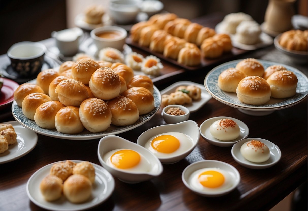A table adorned with an array of Chinese breakfast pastries and sweet treats, including steamed buns, egg tarts, and sesame balls