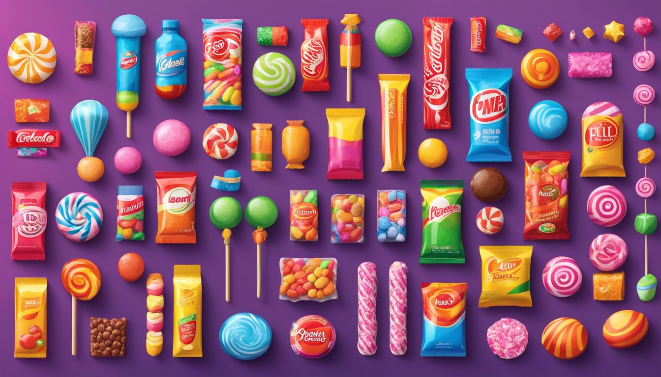 A colorful display of candy brands from around the world, arranged in vibrant packaging and various shapes and sizes