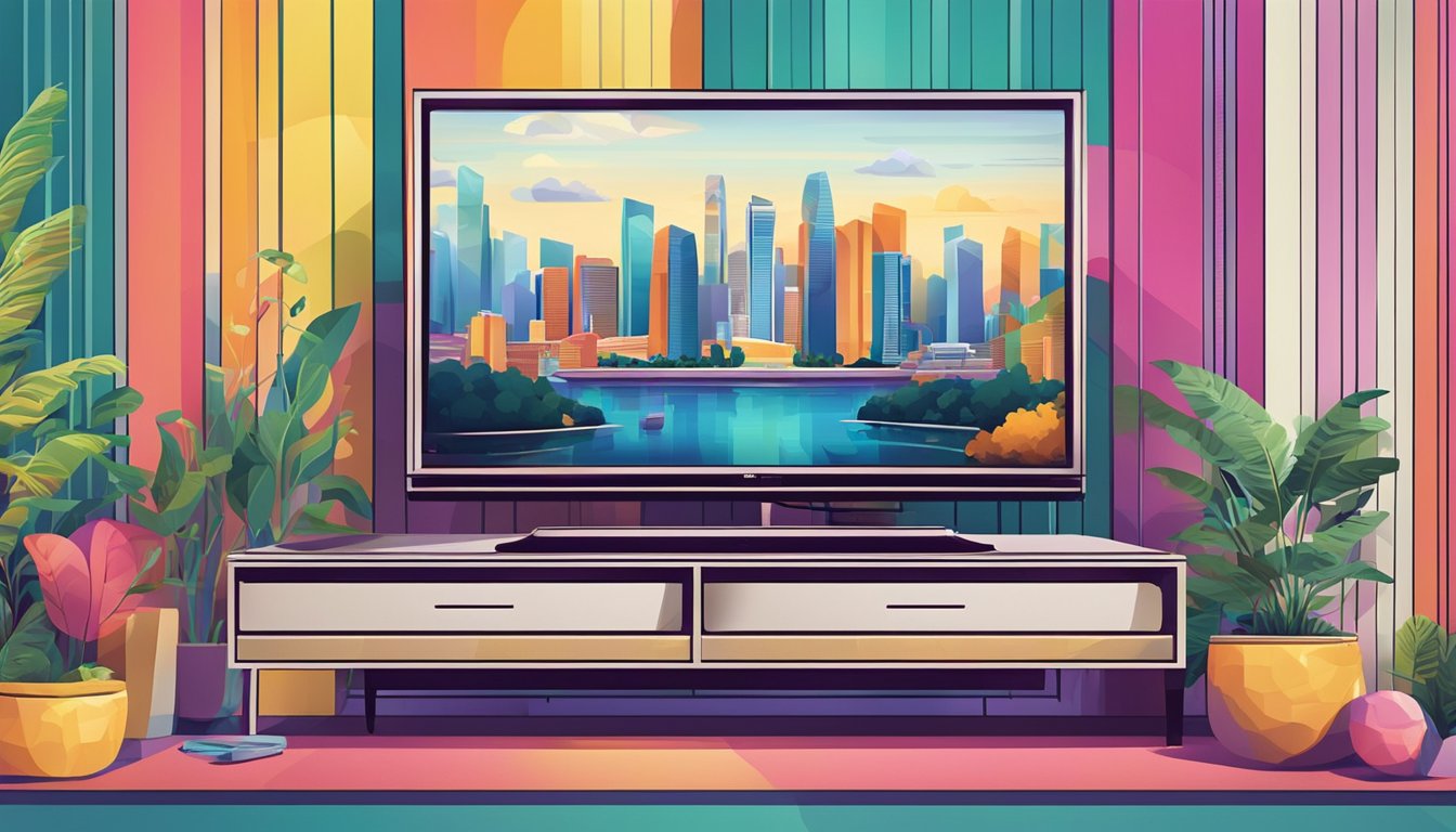 A sleek, modern television set displaying the iconic Singapore skyline against a backdrop of vibrant colors and dynamic patterns