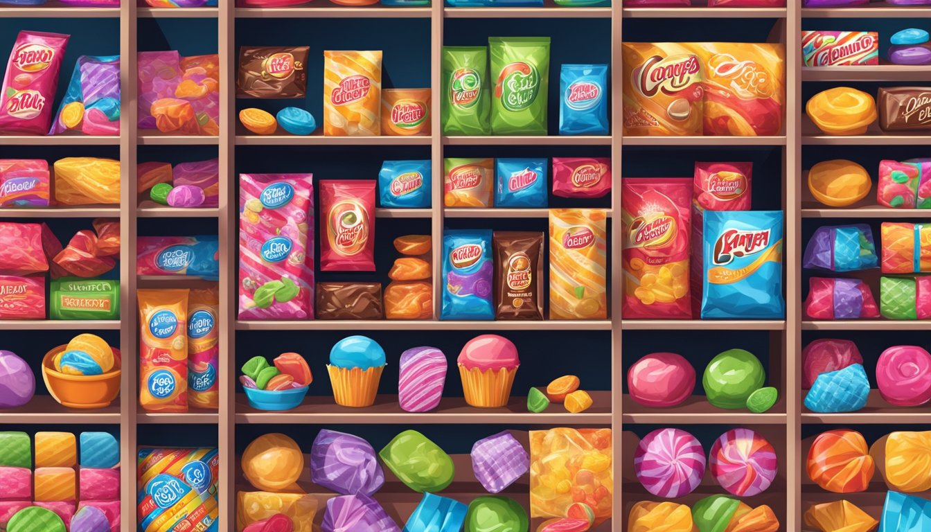 A colorful display of various candy brands from The Business of Sweets, arranged on shelves with vibrant packaging and enticing flavors