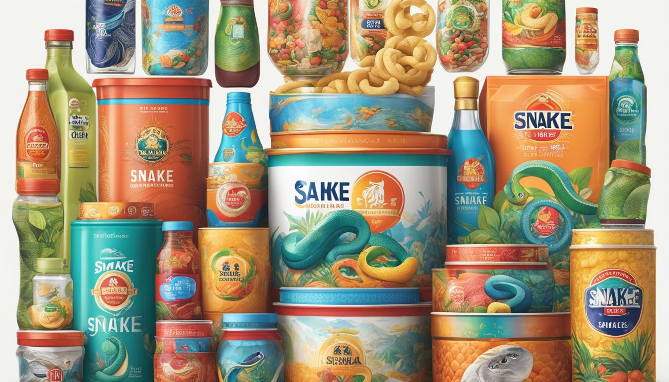 Snake Brand products are displayed in a bustling global market, surrounded by diverse cultural goods and people. The vibrant packaging and exotic ingredients stand out among the competition