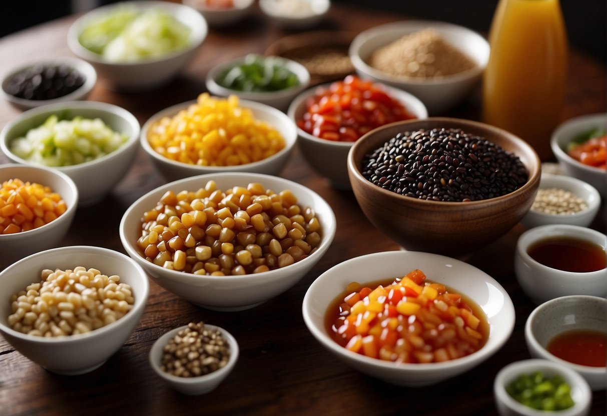 A table filled with various condiments and toppings for Chinese breakfast recipes. Soy sauce, chili oil, pickled vegetables, and sesame seeds are neatly arranged on small dishes