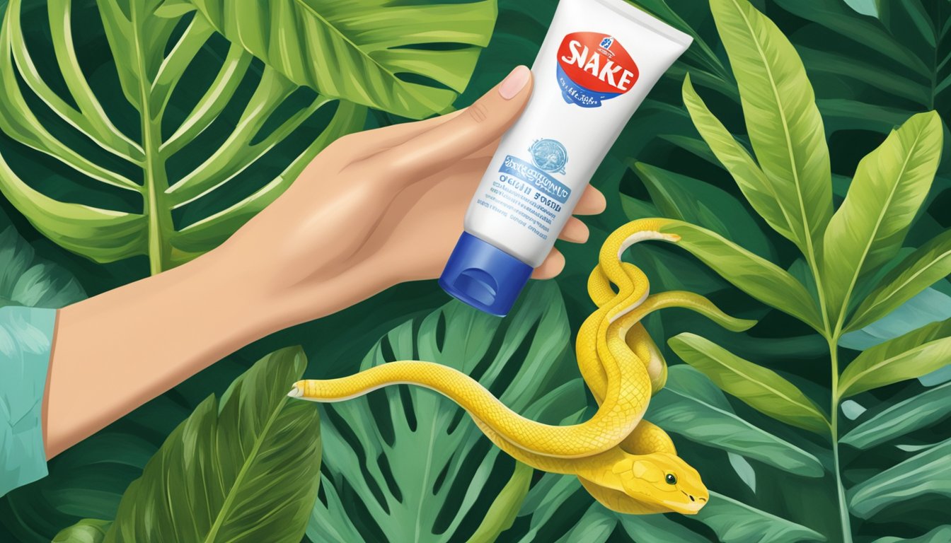 A hand holding a tube of Snake Brand cooling powder, with a background of tropical leaves and a person applying the powder to their skin