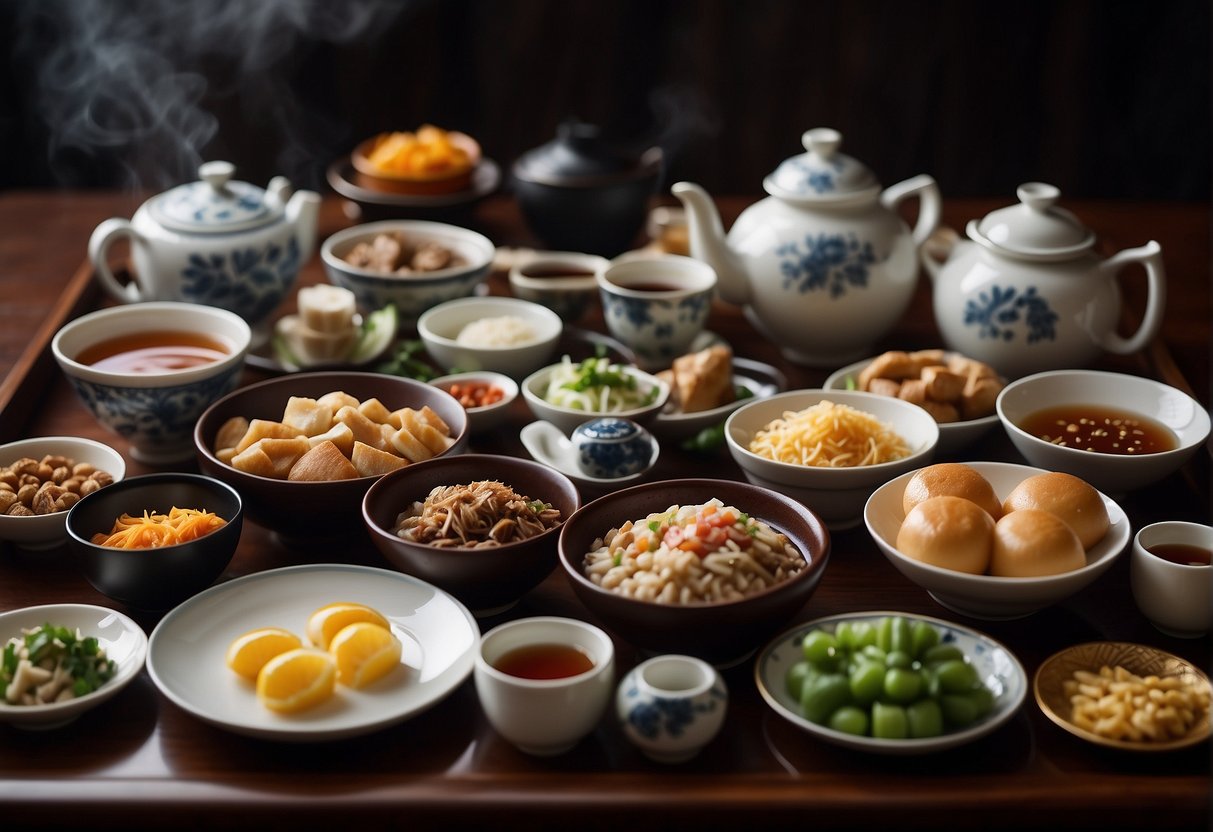 A table set with various Chinese breakfast dishes, steam rising from hot bowls, chopsticks and tea cups arranged neatly